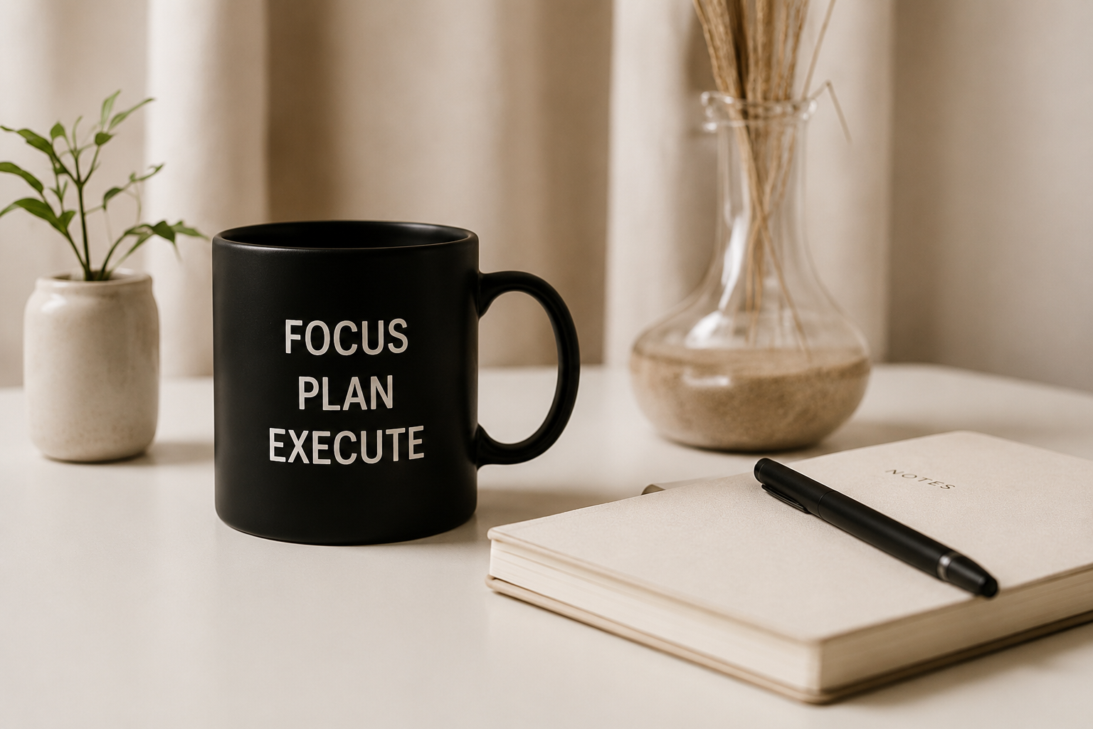 DigiBlonde branded black coffee mug on a desk