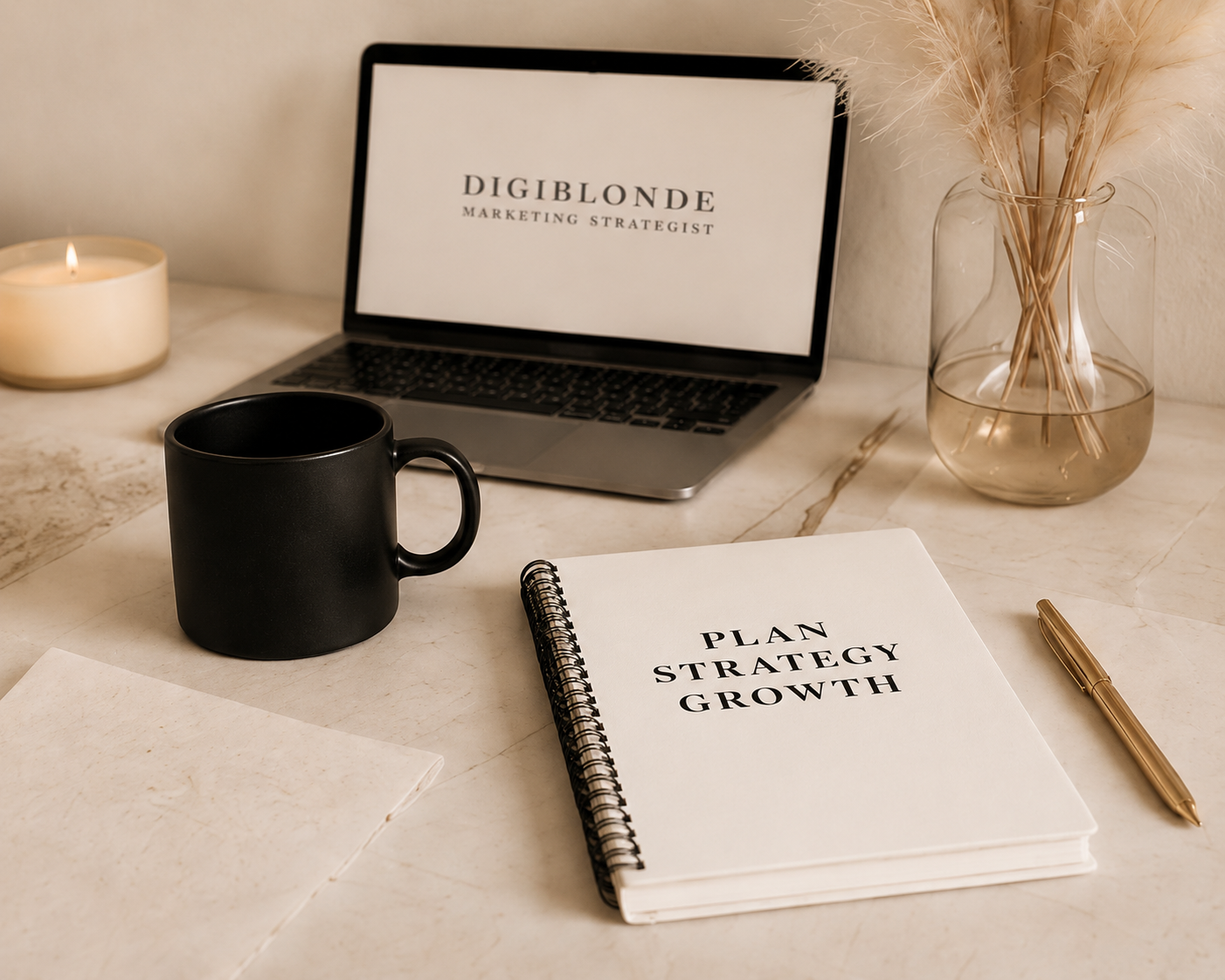 DigiBlonde marketing strategy workspace with black mug and planning notebook