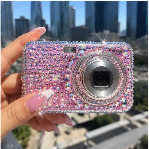 Bedazzled pink digital camera covered in rhinestones, illustrating Y2K nostalgia marketing and the return of early-2000s aesthetics.